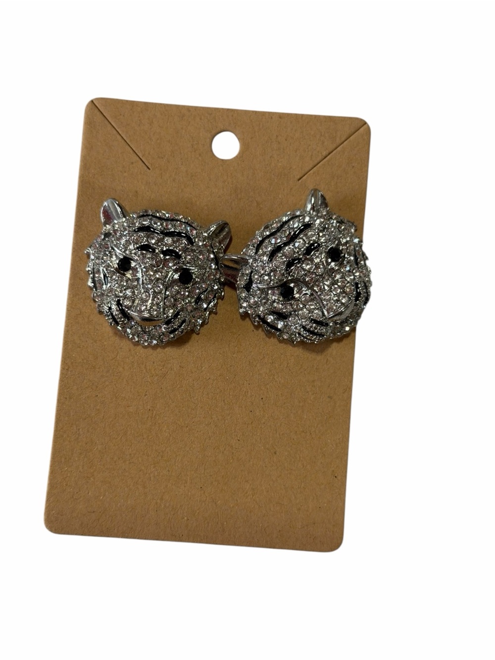Crystal Tiger Head Stud Earrings - Silver Tone